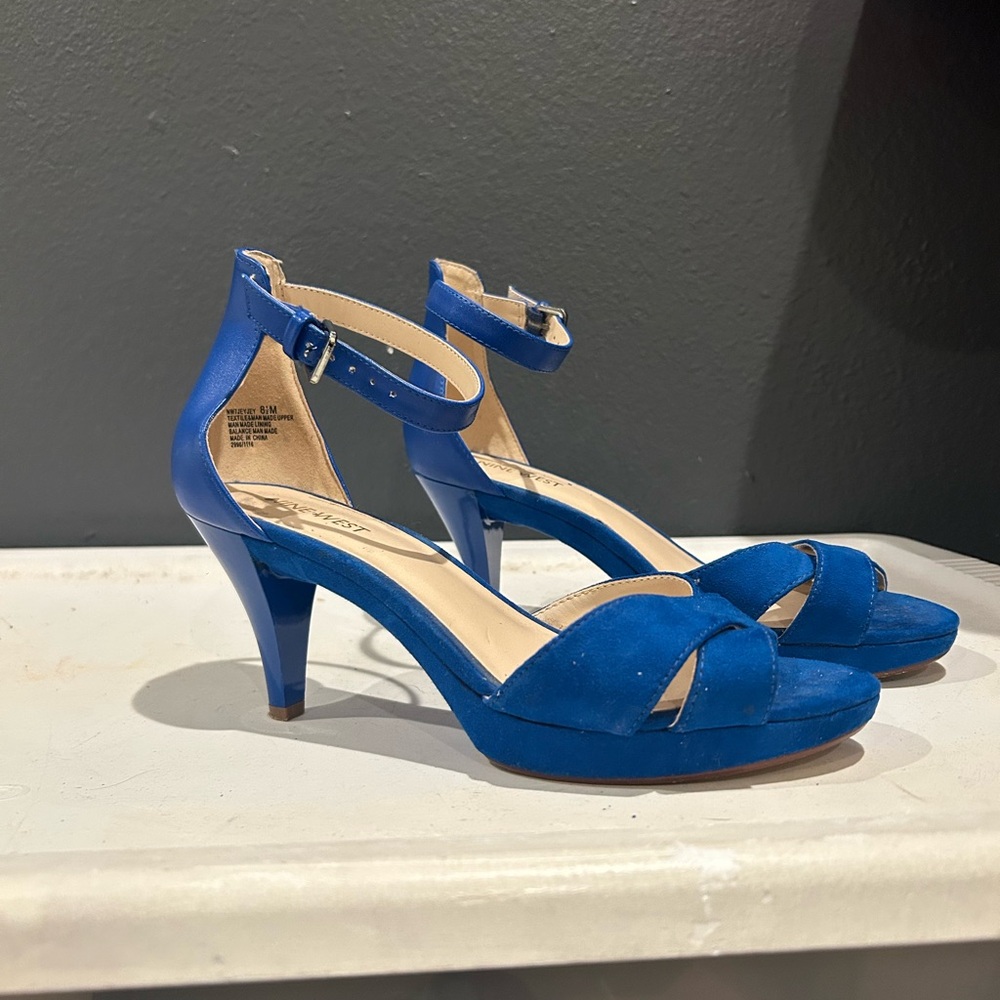 Nine West Blue Suede Ankle Strap Heels – Size 8.5